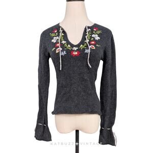 Y2K No Boundaries Sweater S Gray Multi Floral Embroider Alpine Bell Boho Vintage